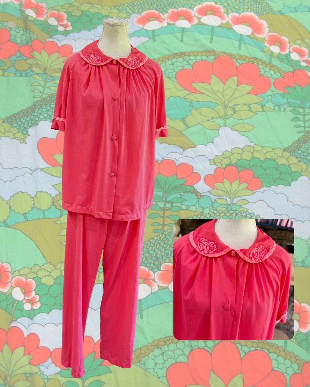 Vintage 1960s/1970s Coral Pink Nylon Tricot 2-Piece Pajama Set Size L